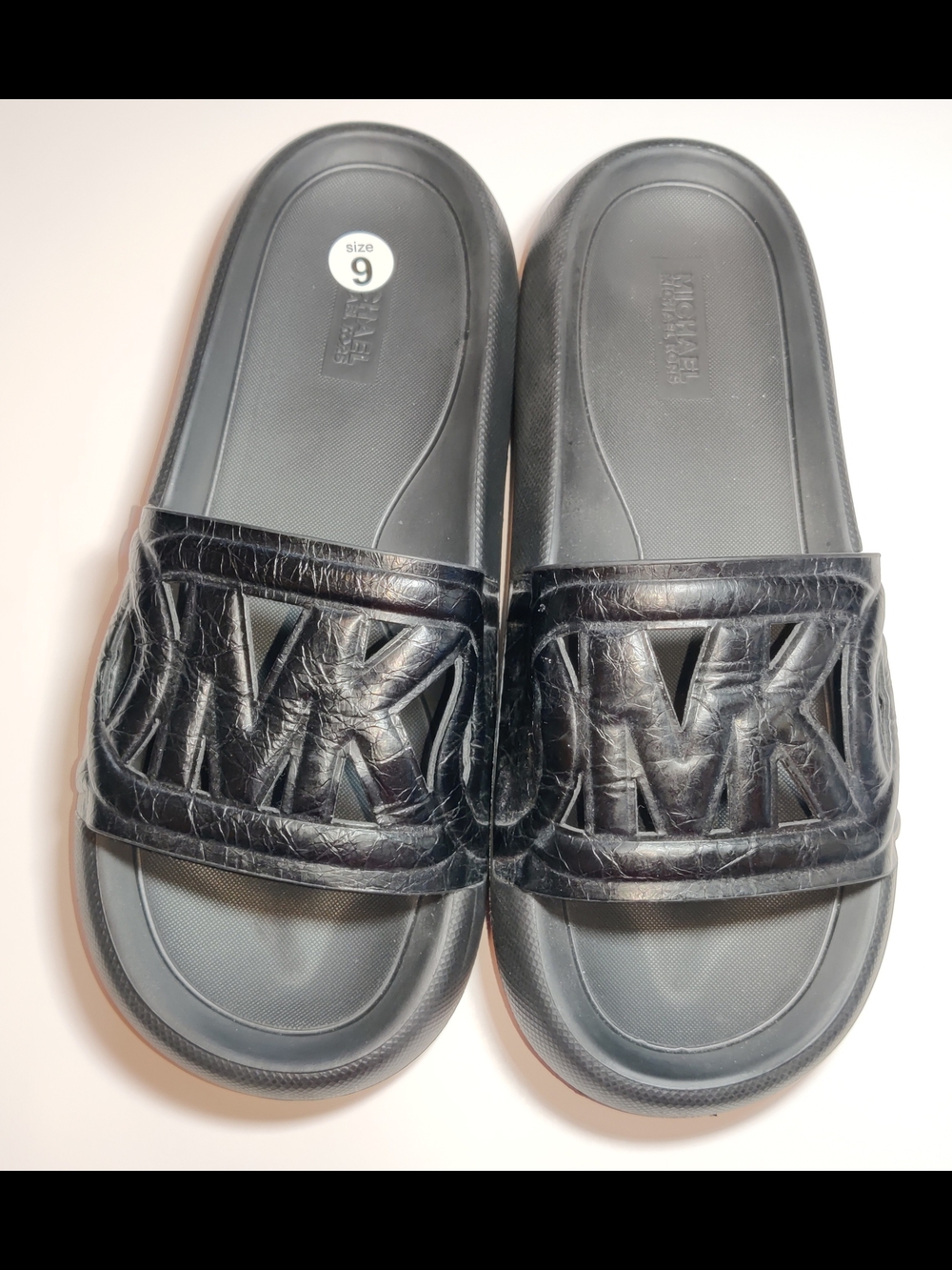 Michael Kors Splash Slides Met Crush Black Leather Empire Logo Motif Size 9M